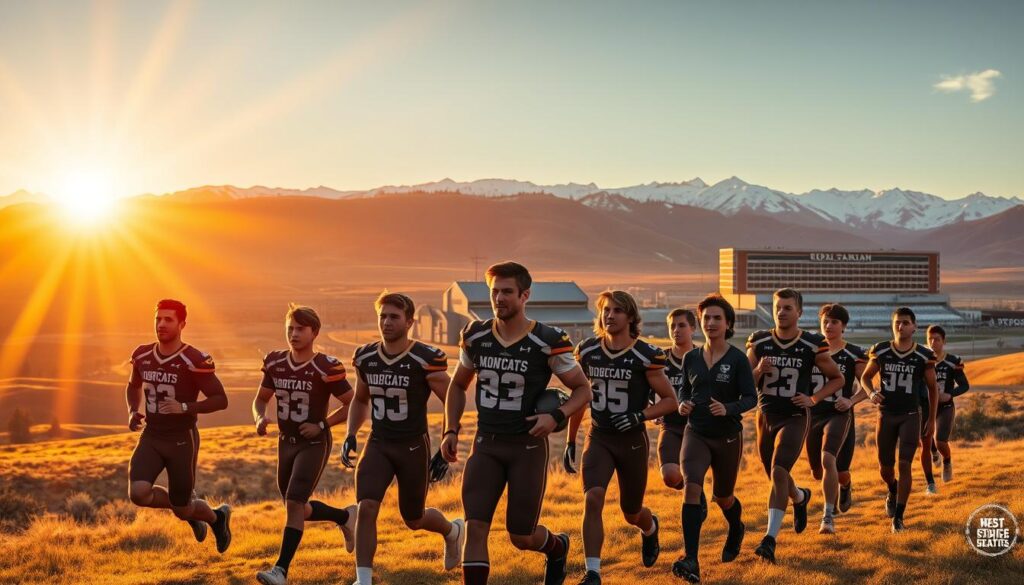 A breathtaking panorama of Montana's rolling hills and snow-capped peaks, framed by a golden sunset. In the foreground, a group of confident, athletic figures in Bobcats uniforms stride purposefully, their eyes fixed on the horizon. Shafts of warm light illuminate their determined expressions, hinting at the hard-earned success stories that have brought them to this moment. The middle ground features a bustling training facility, where coaches and trainers guide the next generation of pro prospects, while the background showcases the iconic Bobcat Stadium, a symbol of the program's proud tradition. The scene exudes a sense of momentum and pride, capturing the essence of Montana State's alumni who have gone on to achieve greatness at the highest levels of their sport. A breathtaking panorama of Montana's rolling hills and snow-capped peaks, framed by a golden sunset. In the foreground, a group of confident, athletic figures in Bobcats uniforms stride purposefully, their eyes fixed on the horizon. Shafts of warm light illuminate their determined expressions, hinting at the hard-earned success stories that have brought them to this moment. The middle ground features a bustling training facility, where coaches and trainers guide the next generation of pro prospects, while the background showcases the iconic Bobcat Stadium, a symbol of the program's proud tradition. The scene exudes a sense of momentum and pride, capturing the essence of Montana State's alumni who have gone on to achieve greatness at the highest levels of their sport.