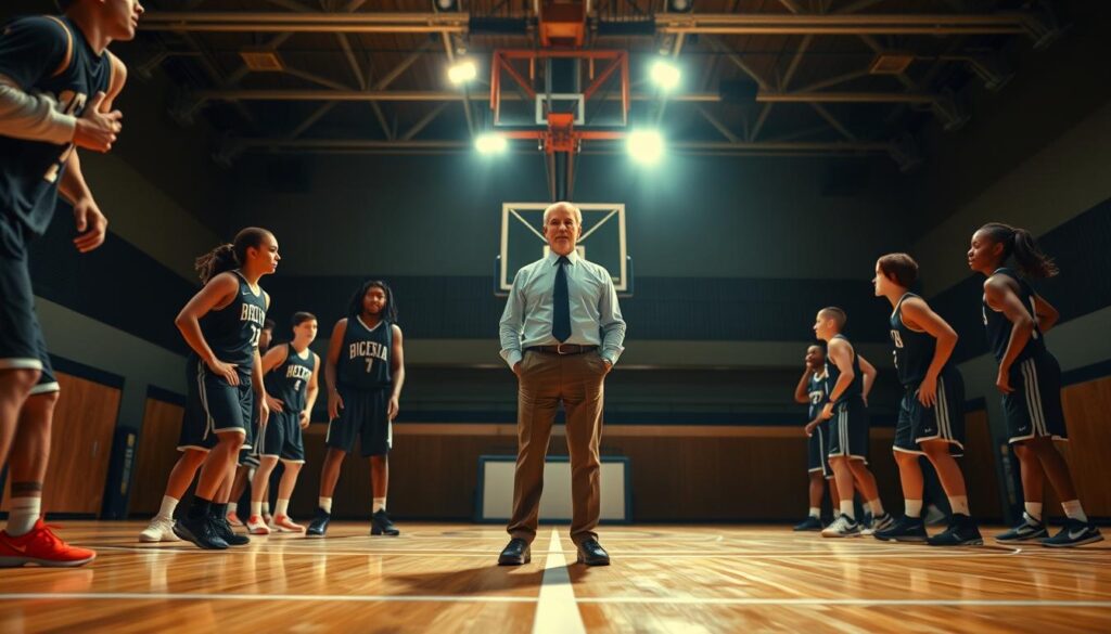 A coach's perspective on the court, capturing the essence of breakout stars. The foreground features several athletes in dynamic poses, their expressions focused and determined. The middle ground showcases the coach, standing tall and watchful, guiding their protégés. The background blurs into a dimly lit gymnasium, with spotlights highlighting the action. The lighting is warm and dramatic, casting shadows that accentuate the players' movements. The lens is angled slightly upward, conveying a sense of awe and admiration for the rising talents on display. An atmosphere of anticipation and potential permeates the scene, reflecting the coach's belief in their breakout stars. A coach's perspective on the court, capturing the essence of breakout stars. The foreground features several athletes in dynamic poses, their expressions focused and determined. The middle ground showcases the coach, standing tall and watchful, guiding their protégés. The background blurs into a dimly lit gymnasium, with spotlights highlighting the action. The lighting is warm and dramatic, casting shadows that accentuate the players' movements. The lens is angled slightly upward, conveying a sense of awe and admiration for the rising talents on display. An atmosphere of anticipation and potential permeates the scene, reflecting the coach's belief in their breakout stars.
