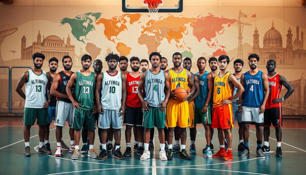 A diverse group of international basketball players, representing different cultures and ethnicities, stand together on a basketball court. The players are in various poses, conveying a sense of unity, camaraderie, and shared experiences as they adapt to new environments. The court is illuminated with warm, natural lighting, casting soft shadows and highlighting the players' expressions of focus and determination. In the background, a vibrant mural depicting global landmarks and cultural symbols adds depth and context to the scene, reflecting the players' diverse backgrounds and the challenges they face in cultural adjustment. The overall mood is one of celebration of diversity, individual growth, and the transformative power of sports to bring people together. A diverse group of international basketball players, representing different cultures and ethnicities, stand together on a basketball court. The players are in various poses, conveying a sense of unity, camaraderie, and shared experiences as they adapt to new environments. The court is illuminated with warm, natural lighting, casting soft shadows and highlighting the players' expressions of focus and determination. In the background, a vibrant mural depicting global landmarks and cultural symbols adds depth and context to the scene, reflecting the players' diverse backgrounds and the challenges they face in cultural adjustment. The overall mood is one of celebration of diversity, individual growth, and the transformative power of sports to bring people together.