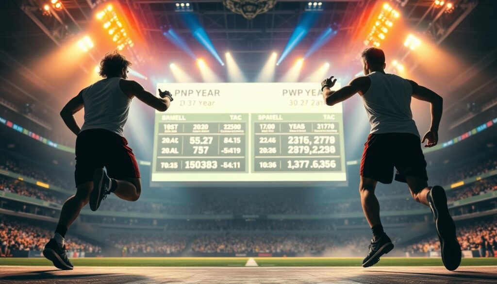 A dynamic performance comparison on a large indoor sports arena stage. In the foreground, two athletes in sportswear are frozen in action, showcasing their skills. Vibrant stadium lighting illuminates the scene, creating dramatic shadows and highlights. In the middle ground, a large digital display screens statistics and metrics, contrasting their performances from the previous year to the present. The background is blurred, emphasizing the central focus on the athletes and their comparative data. An atmosphere of intensity and anticipation pervades the image, capturing the essence of breakout stars surpassing expectations. A dynamic performance comparison on a large indoor sports arena stage. In the foreground, two athletes in sportswear are frozen in action, showcasing their skills. Vibrant stadium lighting illuminates the scene, creating dramatic shadows and highlights. In the middle ground, a large digital display screens statistics and metrics, contrasting their performances from the previous year to the present. The background is blurred, emphasizing the central focus on the athletes and their comparative data. An atmosphere of intensity and anticipation pervades the image, capturing the essence of breakout stars surpassing expectations.