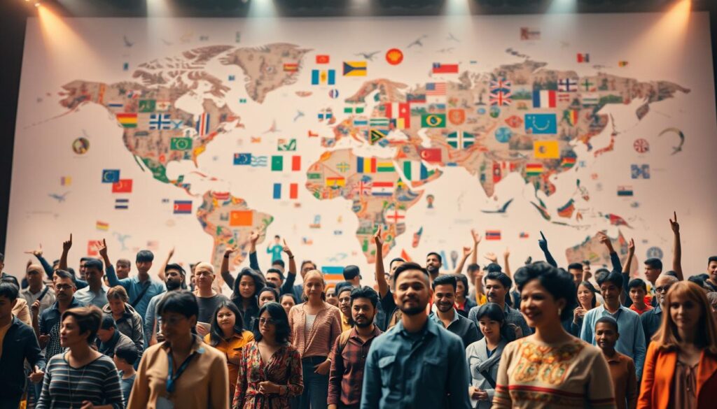 A global talent recruitment showcase, capturing international stories. In the foreground, diverse figures from around the world, their unique backgrounds and journeys represented through expressive poses and dynamic interactions. The middle ground depicts a vibrant collage of cultural symbols, flags, and icons, weaving together the global tapestry. The background sets an ethereal, dreamlike atmosphere, with soft, warm lighting and a sense of motion, hinting at the boundless potential of this international talent pool. Cinematic camera angles and a carefully curated color palette convey a sense of inspiration, opportunity, and the coming together of diverse perspectives. A global talent recruitment showcase, capturing international stories. In the foreground, diverse figures from around the world, their unique backgrounds and journeys represented through expressive poses and dynamic interactions. The middle ground depicts a vibrant collage of cultural symbols, flags, and icons, weaving together the global tapestry. The background sets an ethereal, dreamlike atmosphere, with soft, warm lighting and a sense of motion, hinting at the boundless potential of this international talent pool. Cinematic camera angles and a carefully curated color palette convey a sense of inspiration, opportunity, and the coming together of diverse perspectives.