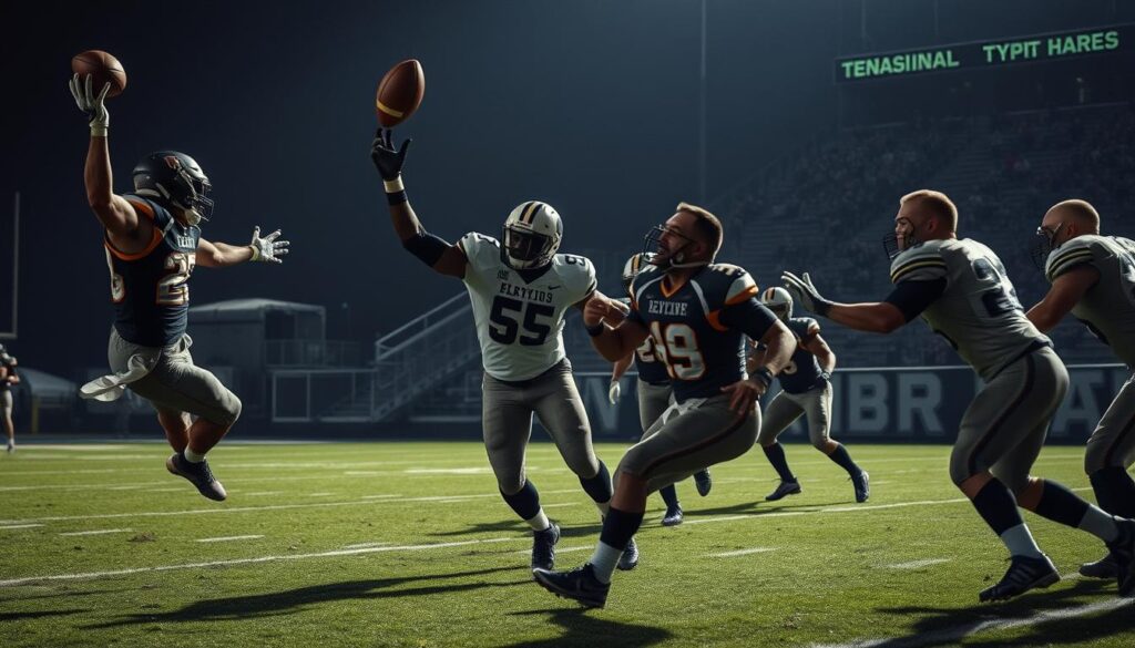 A gritty, action-packed scene of determined, blue-collar athletes making crucial plays. In the foreground, a defensive back leaps to tip a pass, his every muscle straining with effort. In the middle ground, a special teams ace crashes through the line to block a kick, his uniform dirty and uniform number barely visible. In the background, a reserve lineman drives his feet, bulldozing through the trenches to open a hole for a shifty ball carrier. Moody stadium lighting casts dramatic shadows, emphasizing the intensity and hard-nosed determination of these unsung heroes making an impact. A gritty, action-packed scene of determined, blue-collar athletes making crucial plays. In the foreground, a defensive back leaps to tip a pass, his every muscle straining with effort. In the middle ground, a special teams ace crashes through the line to block a kick, his uniform dirty and uniform number barely visible. In the background, a reserve lineman drives his feet, bulldozing through the trenches to open a hole for a shifty ball carrier. Moody stadium lighting casts dramatic shadows, emphasizing the intensity and hard-nosed determination of these unsung heroes making an impact.