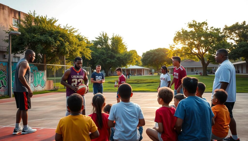 A group of athletes engaged in community service, helping underprivileged children in an urban setting. In the foreground, a basketball player teaches young students proper dribbling techniques on an outdoor court, surrounded by vibrant murals and graffiti. In the middle ground, a football player reads to a circle of attentive children, while a soccer player leads a team exercise. In the background, a lush green park with trees and a community center, bathed in warm, golden light from the setting sun, creating a sense of inspiration and hope. A group of athletes engaged in community service, helping underprivileged children in an urban setting. In the foreground, a basketball player teaches young students proper dribbling techniques on an outdoor court, surrounded by vibrant murals and graffiti. In the middle ground, a football player reads to a circle of attentive children, while a soccer player leads a team exercise. In the background, a lush green park with trees and a community center, bathed in warm, golden light from the setting sun, creating a sense of inspiration and hope.