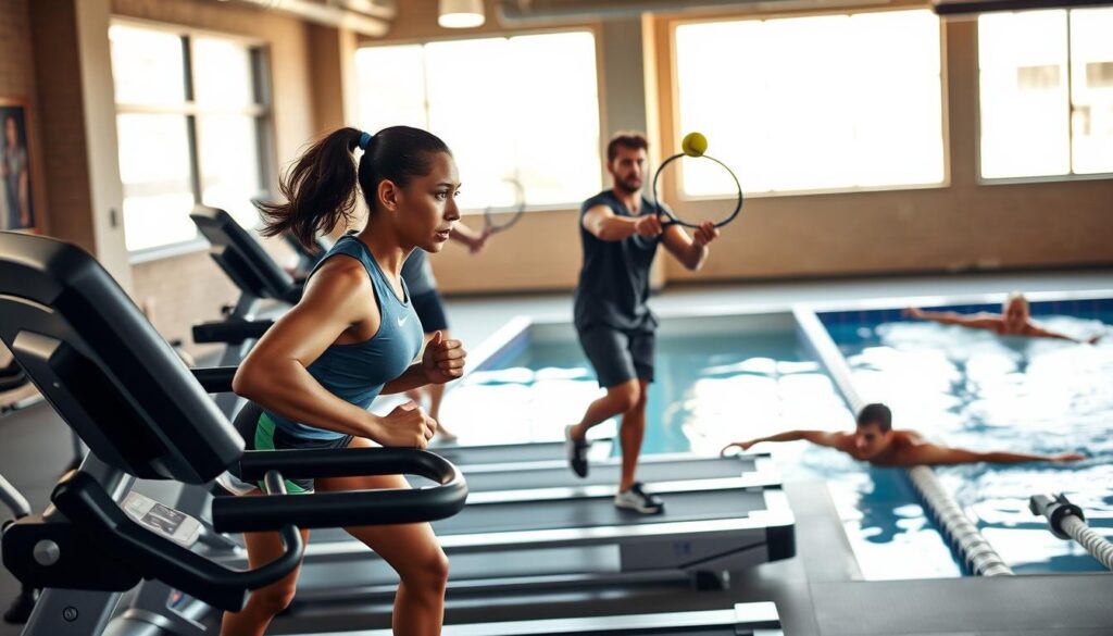 A group of elite multi-sport athletes engaged in a rigorous training regimen on a well-equipped indoor facility. In the foreground, a muscular female sprinter powers through a high-intensity interval routine on a state-of-the-art treadmill, her face set with determination. In the middle ground, a male tennis player practices powerful serves, the ball cutting through the air with precision. In the background, a swimmer glides through the pool, leaving a rippling wake. Bright natural lighting filters in through large windows, casting a warm glow over the scene. The overall atmosphere conveys the dedication, discipline, and focus of these talented individuals as they hone their skills across various disciplines. A group of elite multi-sport athletes engaged in a rigorous training regimen on a well-equipped indoor facility. In the foreground, a muscular female sprinter powers through a high-intensity interval routine on a state-of-the-art treadmill, her face set with determination. In the middle ground, a male tennis player practices powerful serves, the ball cutting through the air with precision. In the background, a swimmer glides through the pool, leaving a rippling wake. Bright natural lighting filters in through large windows, casting a warm glow over the scene. The overall atmosphere conveys the dedication, discipline, and focus of these talented individuals as they hone their skills across various disciplines.