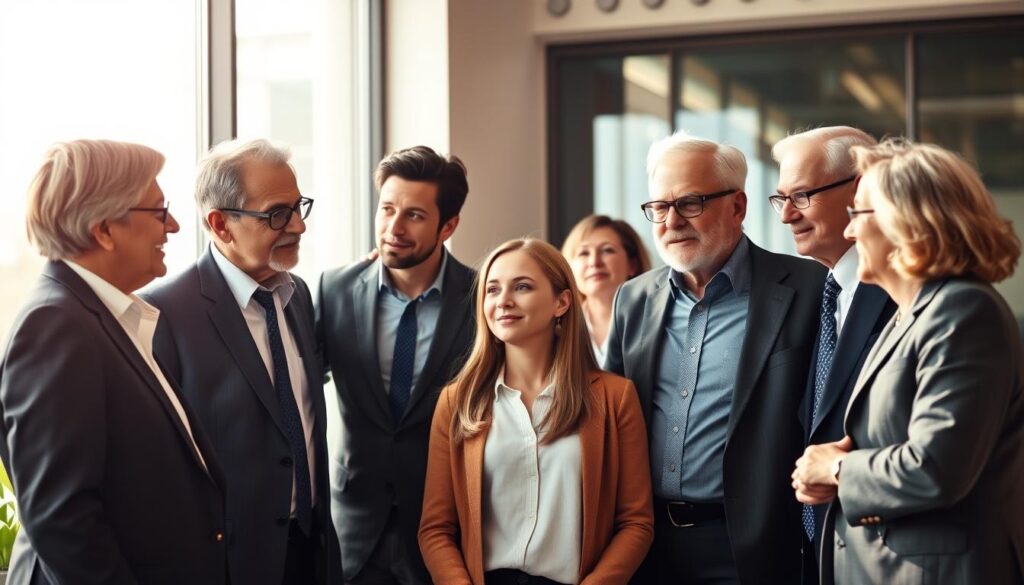 A group of senior business leaders standing in a sunlit office, mentoring and guiding younger colleagues. The experienced executives, dressed in formal attire, lean in with warmth and wisdom, offering advice and encouragement. Their expressions convey a sense of care and investment in the growth of the next generation. In the middle ground, the younger team members listen intently, faces alight with rapt attention and eagerness to learn. The background is softly blurred, drawing the eye to the central tableau of knowledge transfer and generational collaboration. A group of senior business leaders standing in a sunlit office, mentoring and guiding younger colleagues. The experienced executives, dressed in formal attire, lean in with warmth and wisdom, offering advice and encouragement. Their expressions convey a sense of care and investment in the growth of the next generation. In the middle ground, the younger team members listen intently, faces alight with rapt attention and eagerness to learn. The background is softly blurred, drawing the eye to the central tableau of knowledge transfer and generational collaboration.