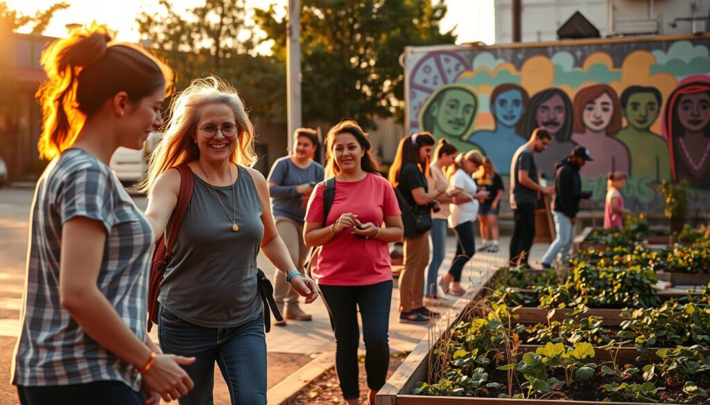 A group of volunteers passionately engaged in community service work, illuminated by warm, golden lighting that casts a soft glow on their faces. In the foreground, a young woman helps an elderly person cross the street, their interaction radiating kindness and compassion. In the middle ground, a diverse group of volunteers paint a vibrant mural on a building, their collaborative efforts capturing the spirit of unity. In the background, a community garden thrives, with people of all ages tending to the plants and sharing knowledge. The scene exudes a sense of purpose, togetherness, and the profound impact of small acts of service that make a lasting difference. A group of volunteers passionately engaged in community service work, illuminated by warm, golden lighting that casts a soft glow on their faces. In the foreground, a young woman helps an elderly person cross the street, their interaction radiating kindness and compassion. In the middle ground, a diverse group of volunteers paint a vibrant mural on a building, their collaborative efforts capturing the spirit of unity. In the background, a community garden thrives, with people of all ages tending to the plants and sharing knowledge. The scene exudes a sense of purpose, togetherness, and the profound impact of small acts of service that make a lasting difference.