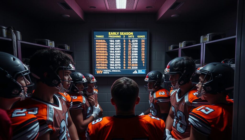 A locker room filled with the hustle and energy of freshman athletes. High-angle shot captures their determined expressions as they review early season performance stats displayed on a digital scoreboard. Vibrant uniforms and equipment in the foreground, with a neutral-toned background highlighting the focus on the data. Dramatic low-key lighting casts shadows, adding a sense of intensity and seriousness. The image conveys the anticipation and competitive spirit of these rising stars as they strive to make an impact early in the season. A locker room filled with the hustle and energy of freshman athletes. High-angle shot captures their determined expressions as they review early season performance stats displayed on a digital scoreboard. Vibrant uniforms and equipment in the foreground, with a neutral-toned background highlighting the focus on the data. Dramatic low-key lighting casts shadows, adding a sense of intensity and seriousness. The image conveys the anticipation and competitive spirit of these rising stars as they strive to make an impact early in the season.