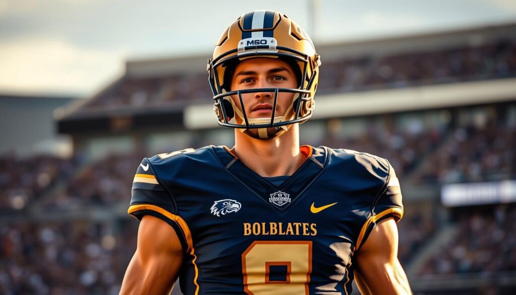 A portrait of Tommy Mellott, the star quarterback of the Montana State Bobcats, standing tall and confident in his football gear. The scene is set against a blurred stadium backdrop, with the crowd in the stands visible in the distance. Mellott's uniform is crisp and detailed, highlighting his muscular frame and athletic prowess. Warm, golden lighting casts a dynamic glow on his face, capturing his focused expression and steely determination. The image conveys a sense of power, potential, and the promise of an exciting future in the NFL draft. A portrait of Tommy Mellott, the star quarterback of the Montana State Bobcats, standing tall and confident in his football gear. The scene is set against a blurred stadium backdrop, with the crowd in the stands visible in the distance. Mellott's uniform is crisp and detailed, highlighting his muscular frame and athletic prowess. Warm, golden lighting casts a dynamic glow on his face, capturing his focused expression and steely determination. The image conveys a sense of power, potential, and the promise of an exciting future in the NFL draft.