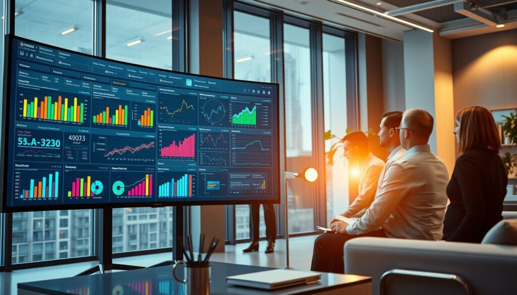 A sophisticated analytics dashboard displayed on a large, curved ultrawide monitor. The foreground features an array of colorful data visualizations, including interactive charts, graphs, and KPIs tracking key business metrics. In the middle ground, a team of senior executives intently studying the dashboard, dressed in professional attire and engaged in discussion. The background depicts a modern, minimalist office setting with sleek furniture, large windows providing natural lighting, and strategic accent lighting creating a warm, productive atmosphere. Cinematic camera angle, crisp focus, and realistic textures throughout. A sophisticated analytics dashboard displayed on a large, curved ultrawide monitor. The foreground features an array of colorful data visualizations, including interactive charts, graphs, and KPIs tracking key business metrics. In the middle ground, a team of senior executives intently studying the dashboard, dressed in professional attire and engaged in discussion. The background depicts a modern, minimalist office setting with sleek furniture, large windows providing natural lighting, and strategic accent lighting creating a warm, productive atmosphere. Cinematic camera angle, crisp focus, and realistic textures throughout.