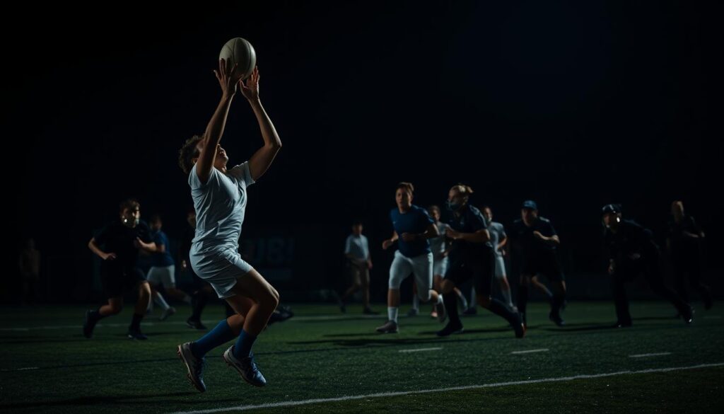A thrilling sports scene unfolds on a dimly-lit field, the players' faces illuminated by dramatic side lighting. In the foreground, an underrated athlete makes a crucial play, their body in dynamic motion as they reach for the ball. The middle ground reveals their teammates providing essential support, their expressions intense with determination. In the background, the opposing team fights fiercely, their silhouettes creating a sense of tension and urgency. The atmosphere is charged with the weight of the moment, a testament to the unsung heroes whose season-defining contributions can easily go unnoticed. A thrilling sports scene unfolds on a dimly-lit field, the players' faces illuminated by dramatic side lighting. In the foreground, an underrated athlete makes a crucial play, their body in dynamic motion as they reach for the ball. The middle ground reveals their teammates providing essential support, their expressions intense with determination. In the background, the opposing team fights fiercely, their silhouettes creating a sense of tension and urgency. The atmosphere is charged with the weight of the moment, a testament to the unsung heroes whose season-defining contributions can easily go unnoticed.
