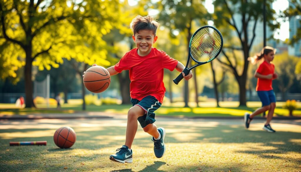 A vibrant, dynamic scene showcasing the benefits of multi-sport versatility. In the foreground, a young athlete effortlessly transitions between various sports equipment - a basketball, a football, a tennis racket, and a pair of running shoes. The middle ground depicts the athlete in motion, their body language exuding confidence, agility, and a well-rounded skill set. The background features a lush, sun-dappled park setting, with a hint of a modern cityscape in the distance, symbolizing the diverse opportunities available to versatile athletes. The lighting is warm and inviting, casting a golden glow and emphasizing the athlete's fluid movements. The overall atmosphere conveys the joy, adaptability, and limitless potential of embracing multiple sports. A vibrant, dynamic scene showcasing the benefits of multi-sport versatility. In the foreground, a young athlete effortlessly transitions between various sports equipment - a basketball, a football, a tennis racket, and a pair of running shoes. The middle ground depicts the athlete in motion, their body language exuding confidence, agility, and a well-rounded skill set. The background features a lush, sun-dappled park setting, with a hint of a modern cityscape in the distance, symbolizing the diverse opportunities available to versatile athletes. The lighting is warm and inviting, casting a golden glow and emphasizing the athlete's fluid movements. The overall atmosphere conveys the joy, adaptability, and limitless potential of embracing multiple sports.