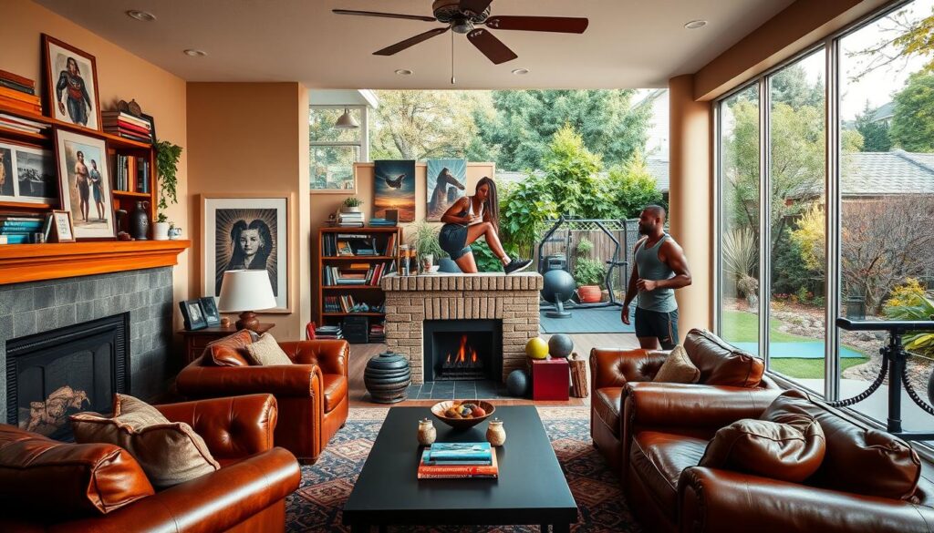 A vibrant off-field portrait showcasing the multifaceted interests of the Bobcats players. In the foreground, a cozy living room scene with plush leather armchairs, a fireplace, and shelves lined with books, art, and personal mementos, reflecting their intellectual and creative pursuits. In the middle ground, a well-equipped home gym with weights, yoga mats, and exercise machines, hinting at their dedication to fitness and wellness. The background features a lush outdoor garden, with a tranquil pond and bird feeders, evoking their appreciation for nature and the great outdoors. The lighting is warm and inviting, casting a soft glow throughout the composition, capturing the players' well-rounded lifestyles beyond the field. A vibrant off-field portrait showcasing the multifaceted interests of the Bobcats players. In the foreground, a cozy living room scene with plush leather armchairs, a fireplace, and shelves lined with books, art, and personal mementos, reflecting their intellectual and creative pursuits. In the middle ground, a well-equipped home gym with weights, yoga mats, and exercise machines, hinting at their dedication to fitness and wellness. The background features a lush outdoor garden, with a tranquil pond and bird feeders, evoking their appreciation for nature and the great outdoors. The lighting is warm and inviting, casting a soft glow throughout the composition, capturing the players' well-rounded lifestyles beyond the field.