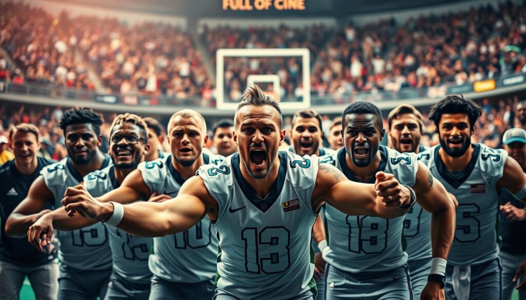Star athletes in a dynamic, high-energy scene, showcasing their skills and leadership while supporting their teammates. In the foreground, a group of elite players in dynamic poses, their expressions intense and determined. Crisp lighting and a shallow depth of field create a sense of focus and drama. In the middle ground, their supporting cast - coaches, trainers, and staff - cheering them on, their body language reflecting the excitement and camaraderie of the moment. The background is a blurred, vibrant arena, with the roar of the crowd creating an electrifying atmosphere. The overall composition conveys the essence of teamwork, dedication, and the pursuit of excellence in the world of professional sports. Star athletes in a dynamic, high-energy scene, showcasing their skills and leadership while supporting their teammates. In the foreground, a group of elite players in dynamic poses, their expressions intense and determined. Crisp lighting and a shallow depth of field create a sense of focus and drama. In the middle ground, their supporting cast - coaches, trainers, and staff - cheering them on, their body language reflecting the excitement and camaraderie of the moment. The background is a blurred, vibrant arena, with the roar of the crowd creating an electrifying atmosphere. The overall composition conveys the essence of teamwork, dedication, and the pursuit of excellence in the world of professional sports.