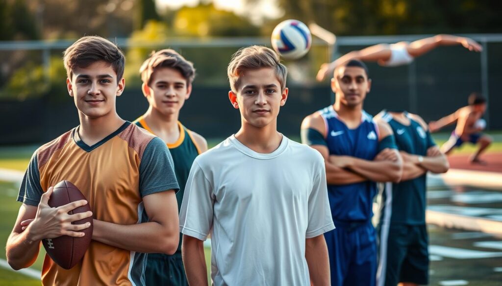 Vibrant high school freshman athletes stand proudly, their athletic achievements etched across their confident expressions. In the foreground, a quarterback grips a football, eyes focused on the field ahead. Beside him, a track sprinter crouches in starting position, muscles taut with anticipation. In the middle ground, a volleyball player leaps, ball arcing gracefully through the air. In the background, a swimmer glides through the water, sleek and powerful. Soft natural lighting illuminates their faces, casting a warm, determined glow. The scene conveys a sense of youthful energy, potential, and the thrill of competition that defines the rising stars of high school sports. Vibrant high school freshman athletes stand proudly, their athletic achievements etched across their confident expressions. In the foreground, a quarterback grips a football, eyes focused on the field ahead. Beside him, a track sprinter crouches in starting position, muscles taut with anticipation. In the middle ground, a volleyball player leaps, ball arcing gracefully through the air. In the background, a swimmer glides through the water, sleek and powerful. Soft natural lighting illuminates their faces, casting a warm, determined glow. The scene conveys a sense of youthful energy, potential, and the thrill of competition that defines the rising stars of high school sports.