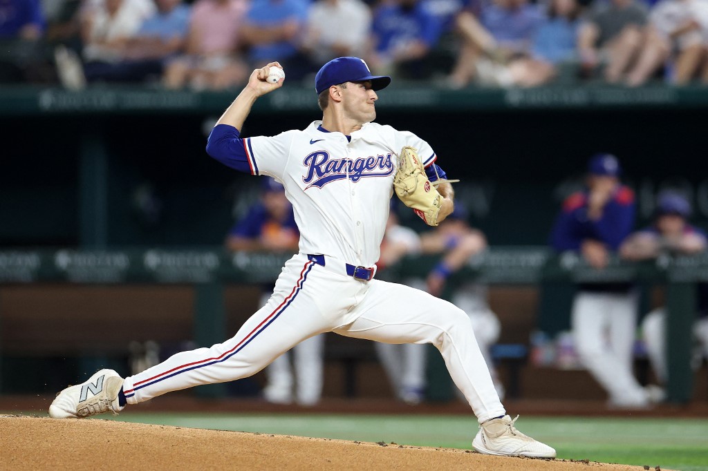 Jack Leiter #35 of the Texas Rangers