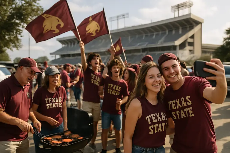 Fans walk toward a college football stadium on a clear game day
