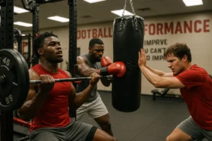 Football Performance Center at UFCU Stadium with Texas State players training nearby