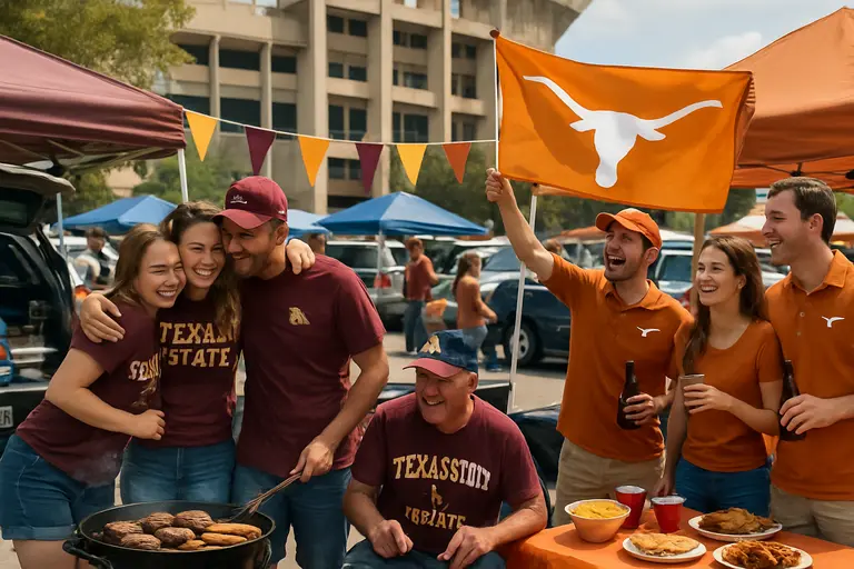 Texas college football fans gathering near a stadium entrance