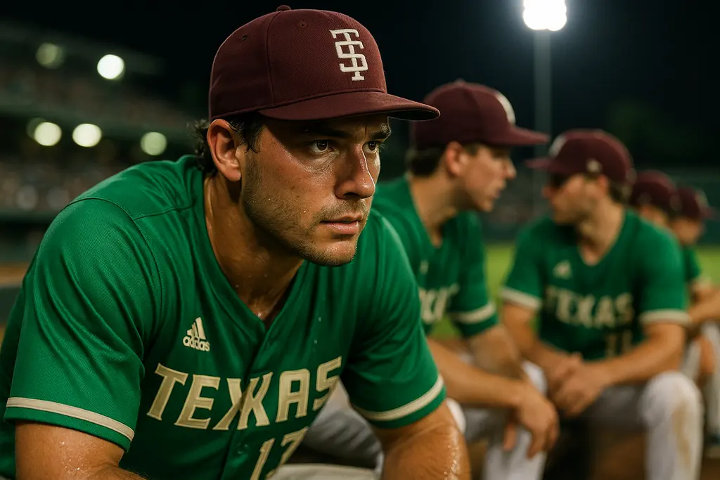 Texas State Baseball players meet near the dugout during a home game in San Marcos