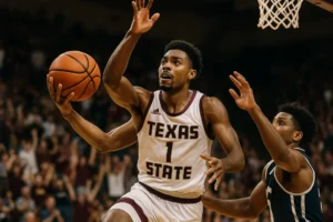 Texas State basketball players gather during a home game in San Marcos