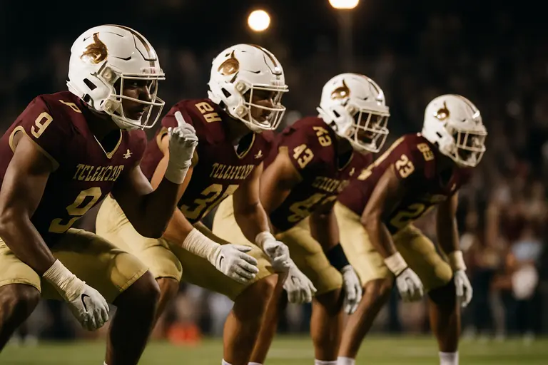Texas State defense lining up before a snap under stadium lights