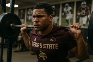 Texas State facilities at UFCU Stadium with players training near the South End Zone