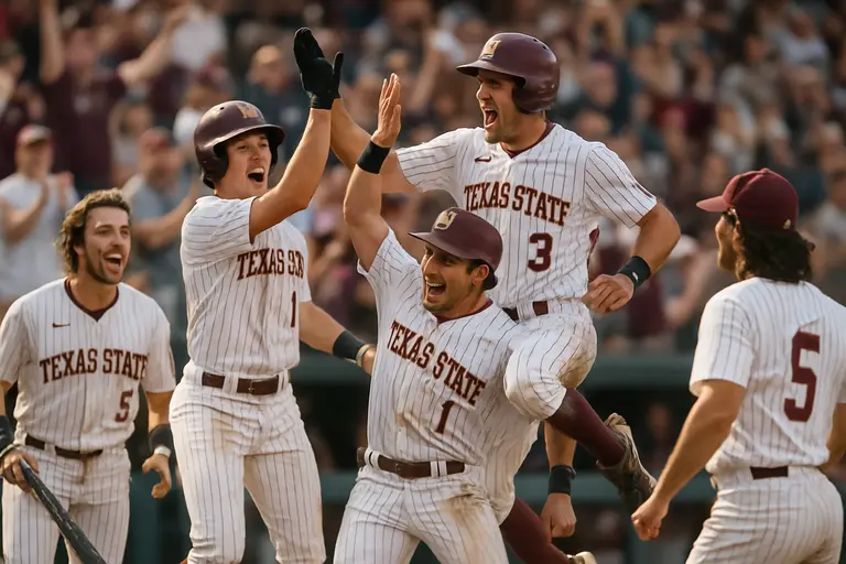 Texas State hitters gather near the on-deck area during a road baseball game