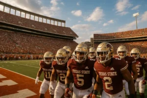Texas State Opener scene with Bobcats fans preparing for kickoff in Austin