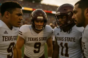 Texas State Pac-12 Debut road game scene with Bobcat supporters heading to Austin