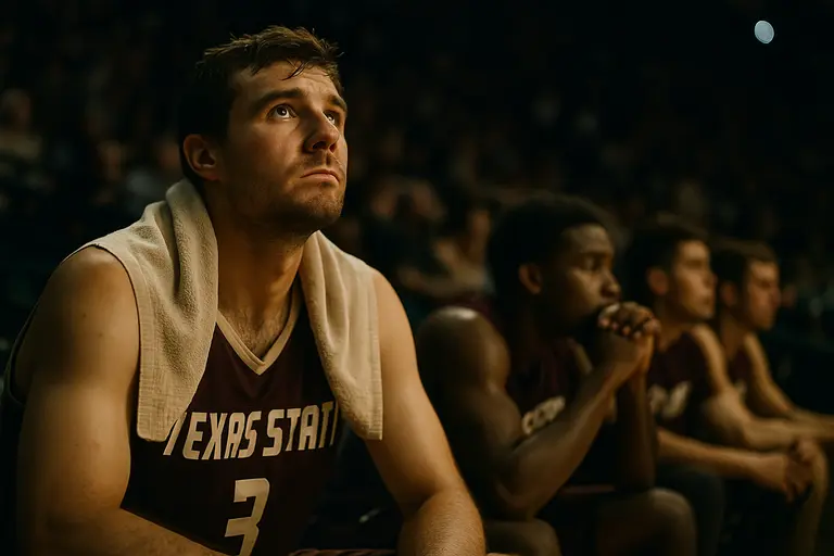 Texas State players walk toward the bench during a timeout