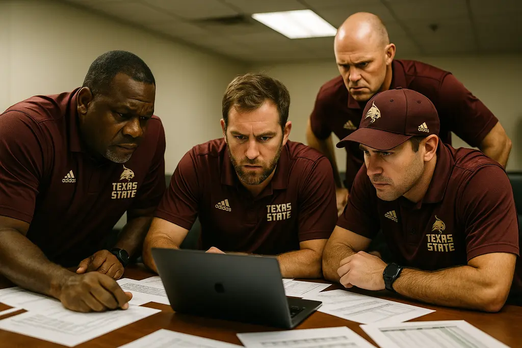 Texas State recruiting staff reviewing football roster plans after the January portal window