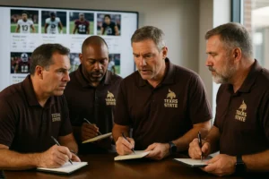 Texas State recruiting discussion with players practicing on a football field