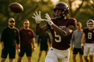 Treylin Payne preparing with Texas State teammates during a defensive workout